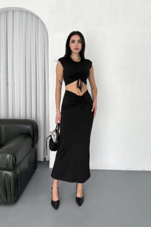 Deluxerie Deluxerie Deluxerie Deluxerie Kadın Siyah Büzgülü Crop ve Etek İkili Takım MF-MF-MF-MF-152176